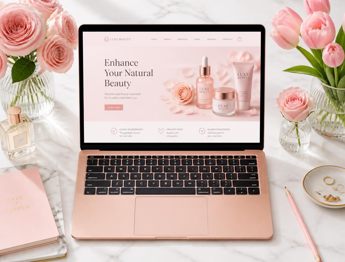 Rose gold laptop displaying an elegant website, surrounded by pink flowers
