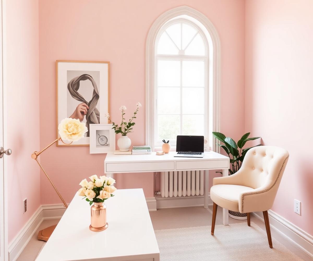 Elegant blush pink home office with laptop and roses
