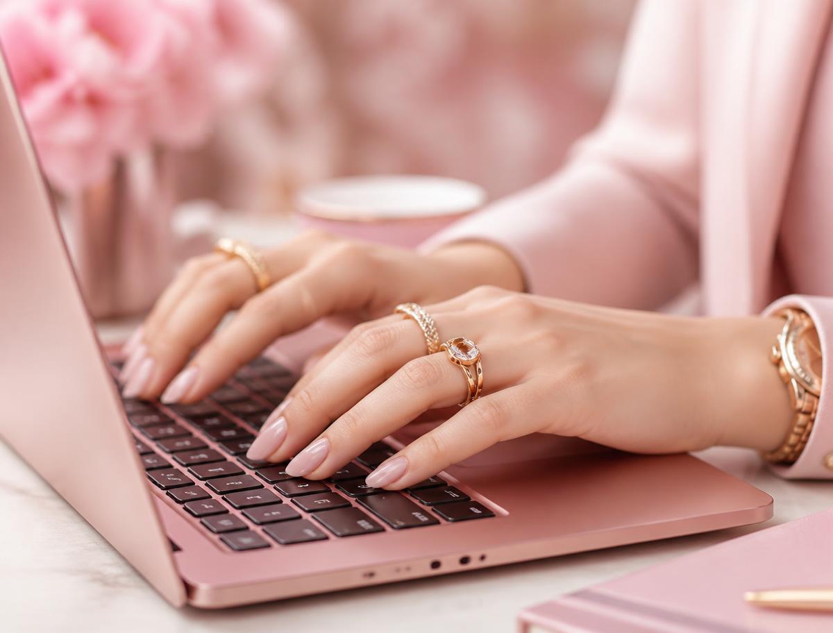 Hands typing on a rose pink laptop
